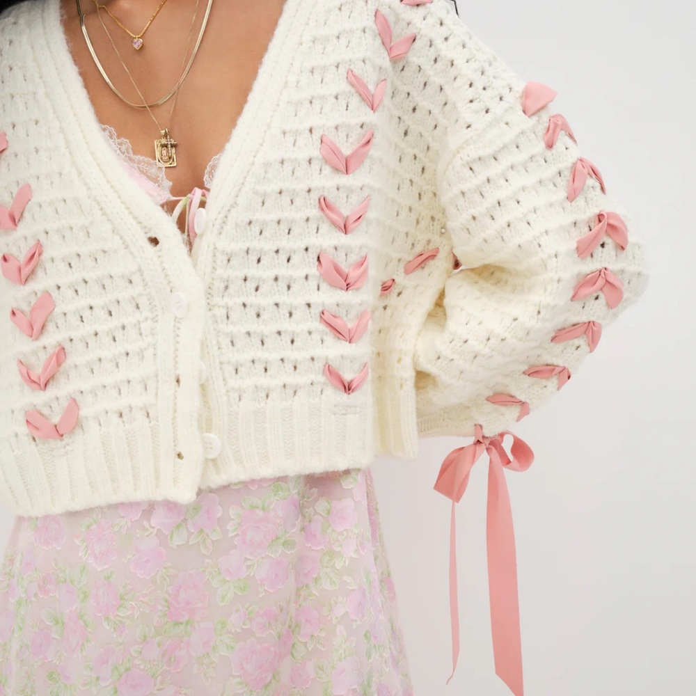 For Love & Lemons Laurel Pink Bow Cardigan